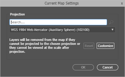 Current Map Settings window showing the Projection setting Current Map Settings window showing the Projection setting
